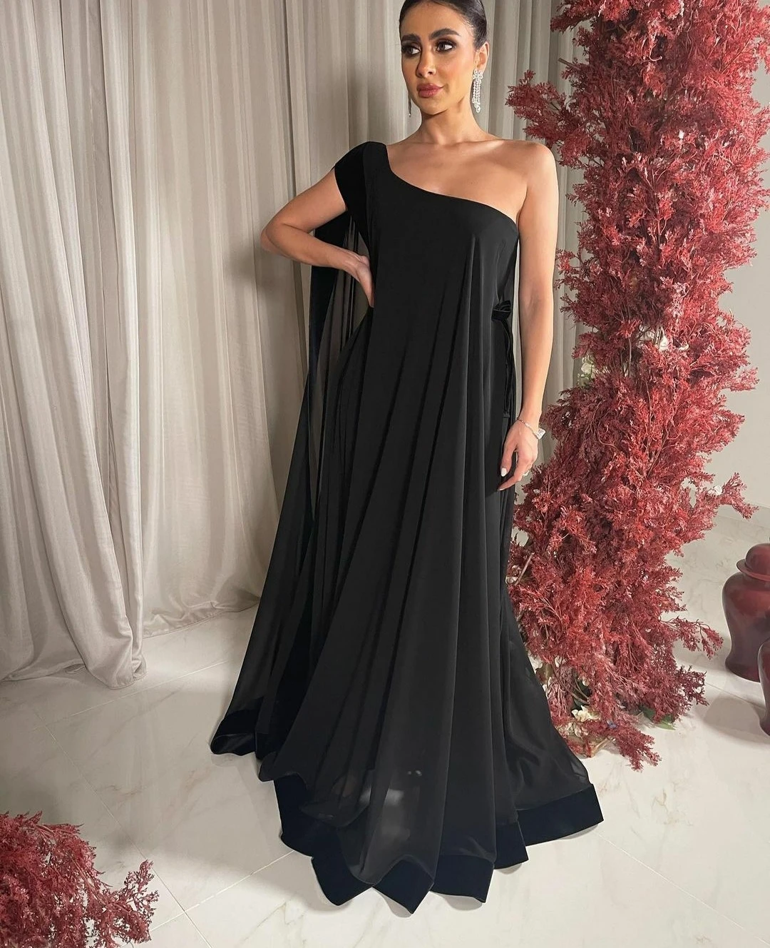 One Shoulder Chiffon Muslim Evening Dresses فساتين السهرة A-Line Black Floor Length Zipper Back Robe de soirée for Women formal evening dresses