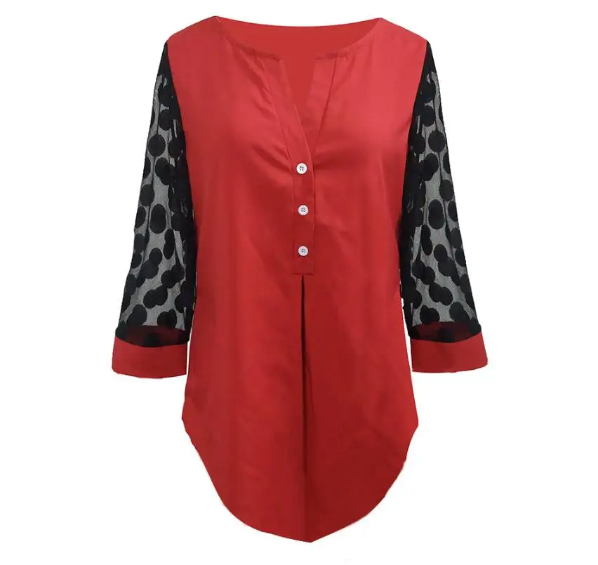 Shirt Blouse Plus Size 5xl Solid Black Tops V-neck Button splice Mesh Nine Points Sleeve Spring Summer Casual Loose Women Shirt
