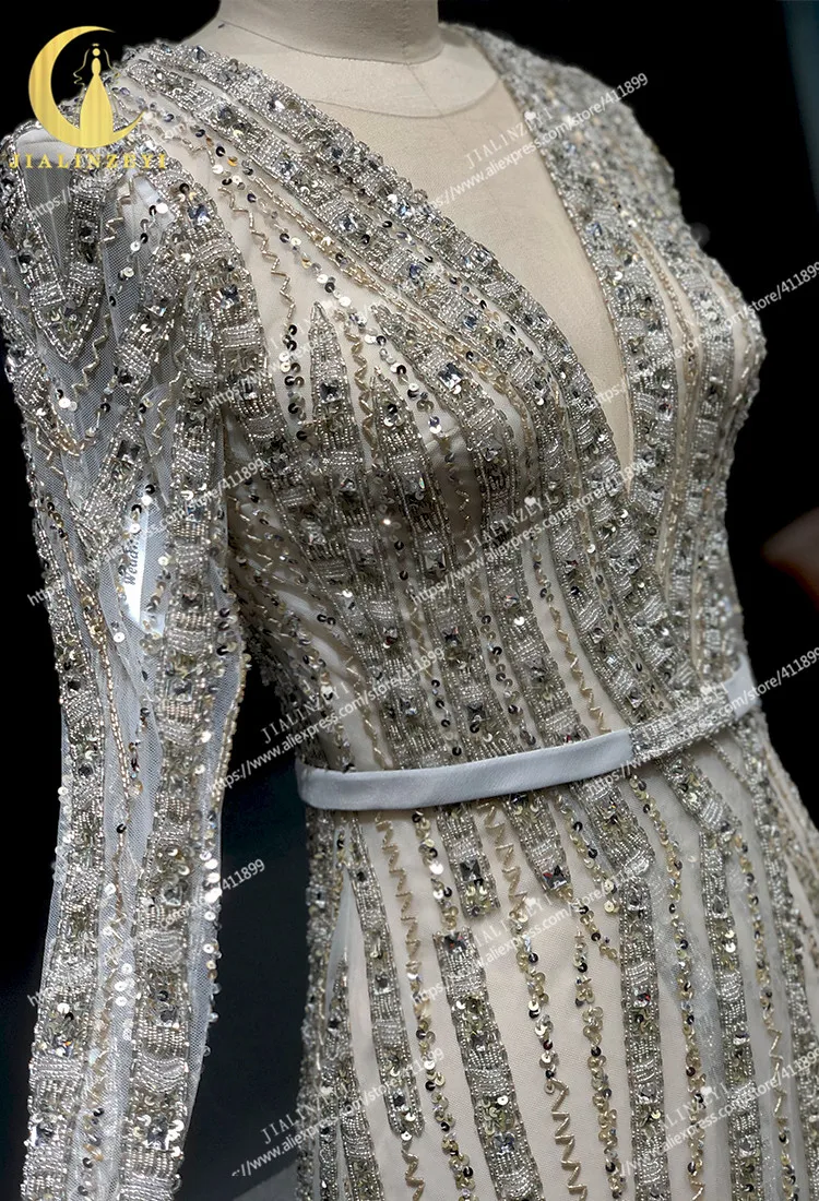 Рейн реальные фотографии мода Elie Saab одежда с длинным рукавом Полный бусины Кристалл V образным вырезом Русалка платье вечерние платья