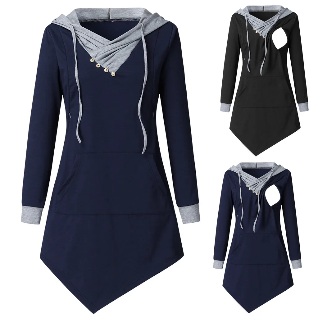 

Women Pregnant Maternity Clothing Pregnant Short T Shirt Nursing Maternity Long Sleeve Solid Top Irregular Pullover Hooded