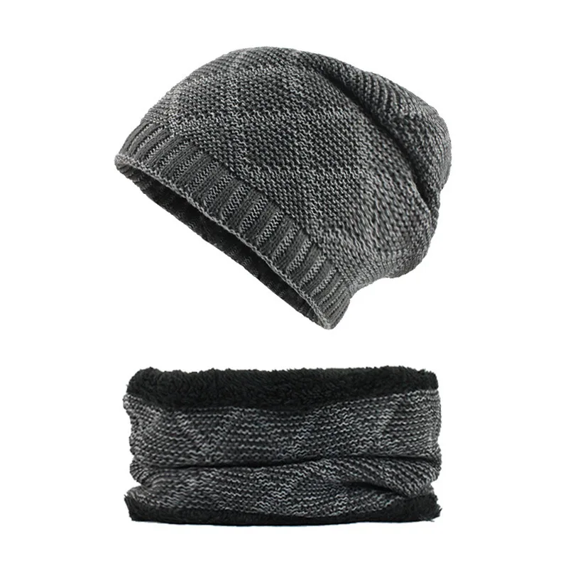Knitted Hats For Men Winter Scarf Warm Thick Fluffy Slouchy Hats Outdoor Long Beanie Ribbed Casual Breathable Gorros - Цвет: Gray Set