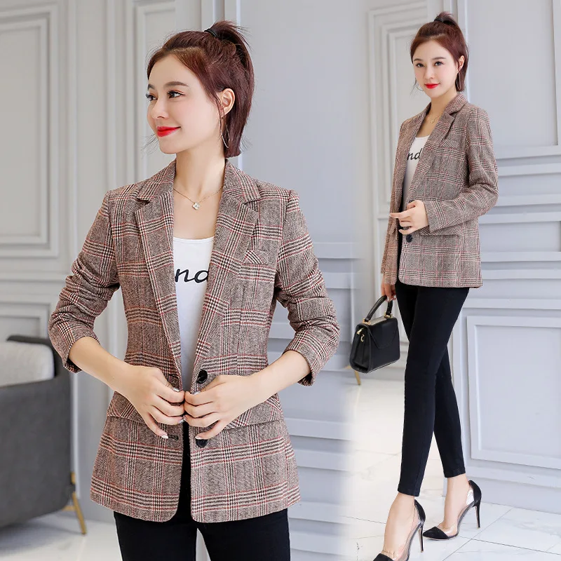 

2019 Autumn New Style Women Wear Retro CHIC Hong Ventilation Network Red Cell Pattern Suit Plaid Suit Jacket