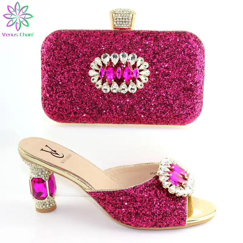 fuchsia clutch bag and shoes