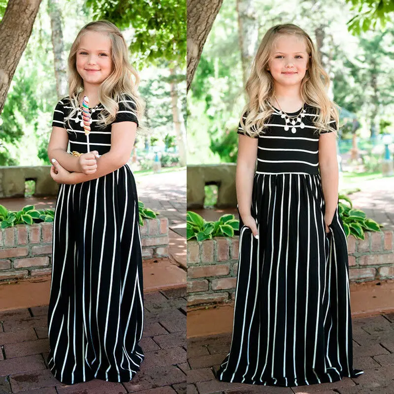New Fashion Family Matching Mother and Daughter Maxi Dress Beach Casual Striped Mom Girls Long Dress Short Sleeve Sundress
