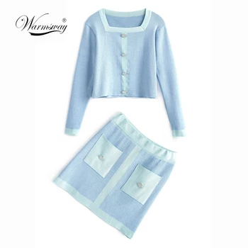 

Spring Summer Luxury Designer Womens Knitted Skirt Two Piece Sets High Waist Crop Top + Front Double Pocket Skirt Suit C-480