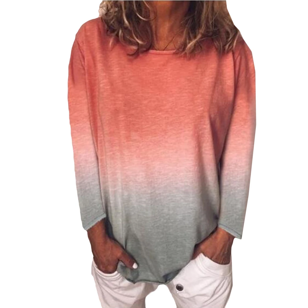 

S-5XL Plus Size T Shirt Women Gradient Color Tops Autumn Spring Long Sleeve Loose T-Shirt Casual O-Neck Tshirt Tee Shirt Femme