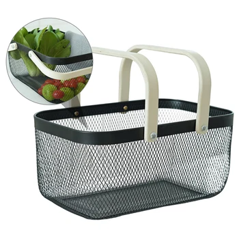 

1pc Iron Storage Basket Practical Wooden Handle Shopping Basket Sundries Container Multipurpose Basket for Home Use Shopping