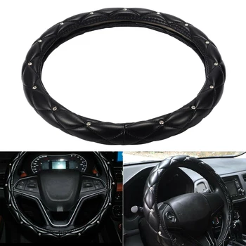 

38cm Luxury Crystal Crown Studded Rhinestone PU Leather Car Steering Wheel Cover Interior Accessories
