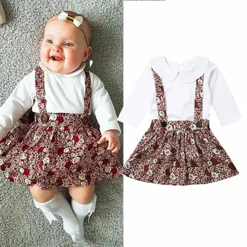 

Newborn Baby Girl Floral Long Sleeve Romper Top Doll Collar Suspender Skirt Strap Dress Set Cotton Cloths