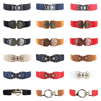 

Women Skinny Metal Floral Buckle Belt Faux Leather Elastic Dress Waist Band LLBLT0342