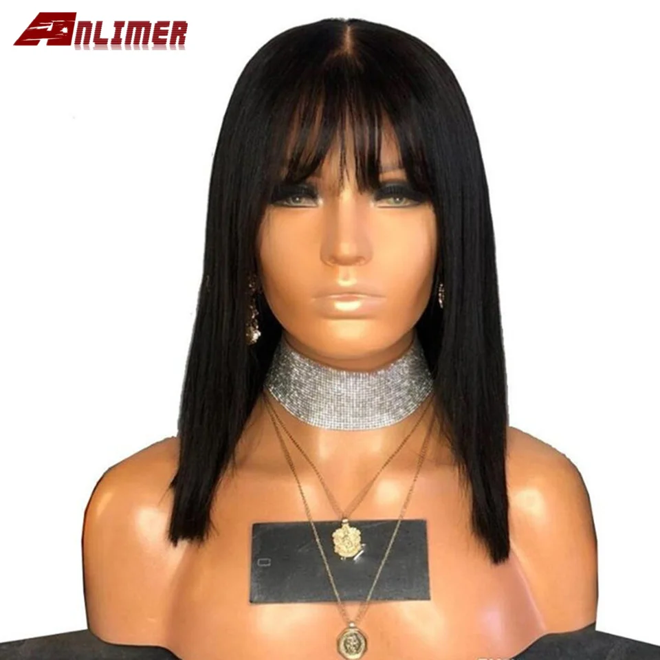 Anlimer Bob Cut 13X6 кружевные передние короткие парики из человеческих волос с челкой предварительно сорванные бразильские Реми прямые волосы для женщин