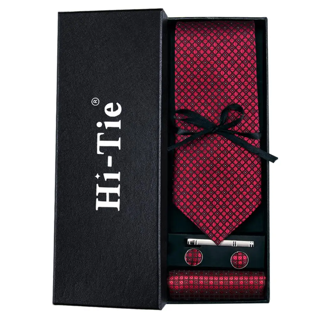 Red Ties Silk Wedding Neck Tie Checked Tie Clip Handky Cufflink Set Gift Box Tie for Business Suit Hi-Tie 150cm Wholesale C-704