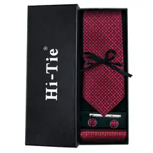 Red Ties Silk Wedding Neck Tie Checked Tie Clip Handky Cufflink Set Gift Box Tie for Business Suit Hi-Tie 150cm Wholesale C-704