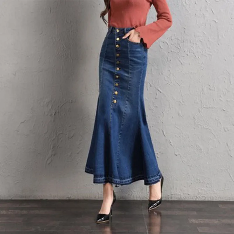 

Large Size Denim Skirt Long Jeans Female Fishtail Ruffled Hip Dubai Style Muslim Hijab Abaya Women Casual Skirt