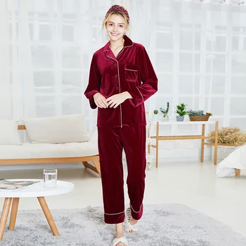 

Velour Young Lady 2PCS Top&Pants Sleepwear Home Clothes Velvet Long Sleeve Nightwear Autumn Winter Kimono Gown Bathrobe Negligee