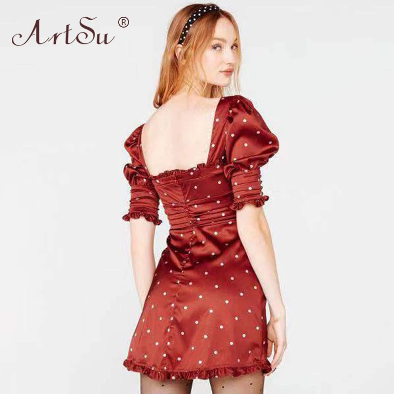 ArtSu праздничное красное платье с принтом в горошек, женское винтажное платье с бантом, с вырезами, Vestidos, с пышными рукавами, а-силуэт, сексуальные Сатиновые вечерние летние платья