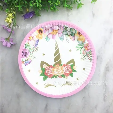 Plate pink -10pcs Единорог День рождения Декорации одноразовые набор столовых приборов Единорог шар чашки тарелки салфетка для детей на день рождения Единорог вечерние поставки - Цвет: Plate pink -10pcs