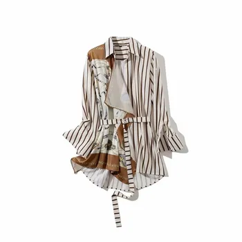 

Mid-length 2020 Autumn Long sleeve Striped Splice Chain Print Shirt Tops Women's Plus size Irregular Cardigan Blouse Streetwear
