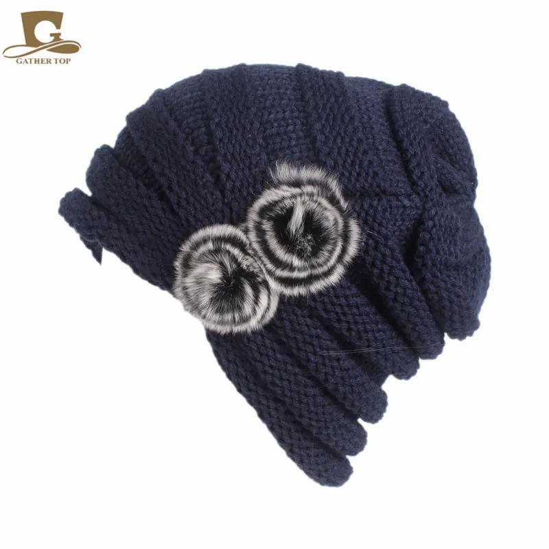 Navy blue Осенние и зимние новые женские шерстяные шапки из кроличьего меха с помпонами, модные головные уборы, шапки, ветрозащитные и антифризные зимне наушники шапка - Цвет: Navy blue