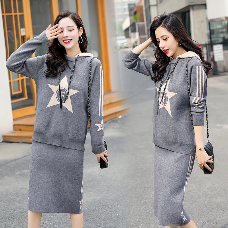 

2019 Autumn & Winter Knitted Dress Outfit Women's Loose-Fit Korean-style Hooded Sweater Pocket Skirt Two-Piece Set Women's