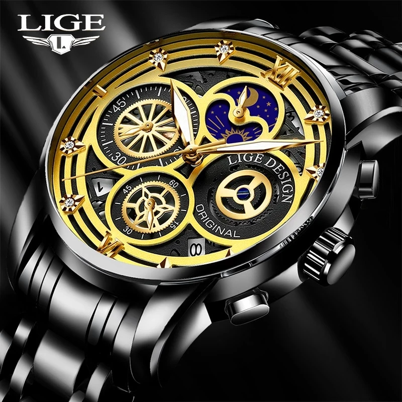

Men Watch LIGE Top Brand Luxury Casual Sport Watches For Men Stainless Steel Wrist Watch Man Clock Fashion Moon Phase Wristwatch