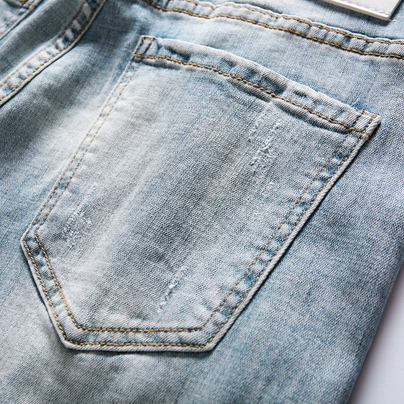 Popular Fashion Streetwear Men's Jeans Vintage BlueDestroyed Jeans Pants Homme Jeans Men Slim Fit Straight Ripped Distressed Pleated