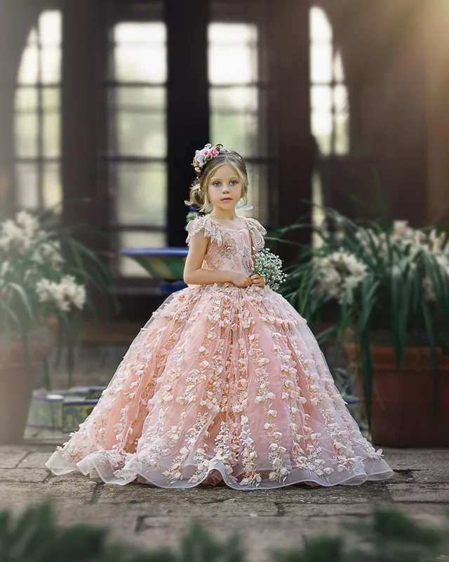 Розовое Бальное Платье года, Платья с цветочным узором для девочек на свадьбу, роскошные кружевные пышные платья с рукавами-крылышками для малышей, фатиновое детское платье для выпускного вечера