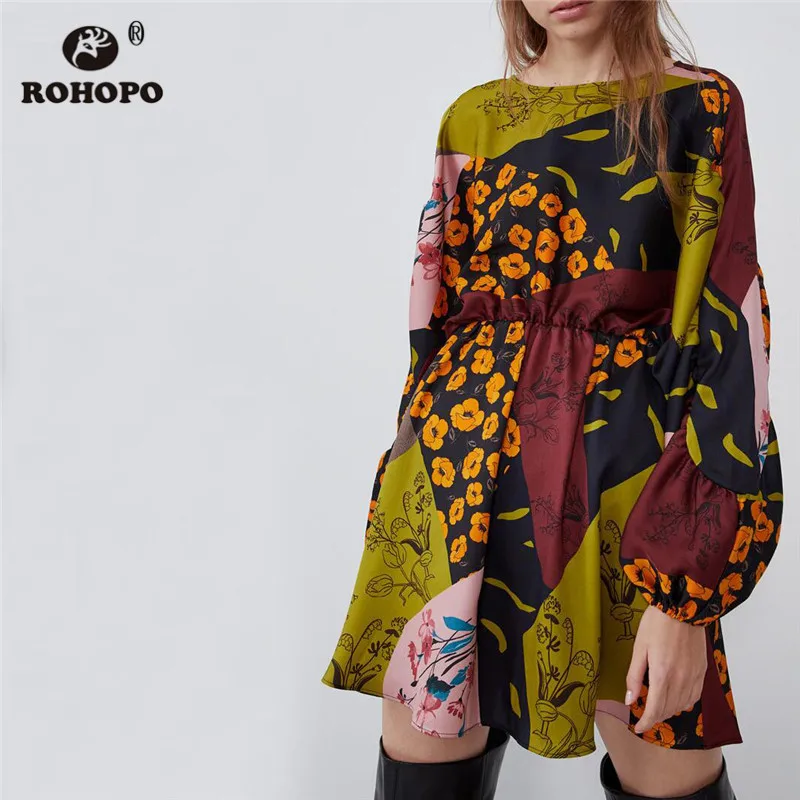ROHOPO/Пышное элегантное мини платье с длинными рукавами и круглым воротником в