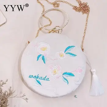 

Fashion Sweet Tassels Shoulder Bag Round Tiny Handbag Embroidered Floral Women Evening Clutch Bag Exquisite Designer Party Purse