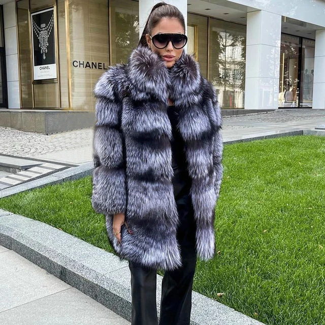 Medium Length Natural Silver Fox Fur Coat Stand Collar Woman