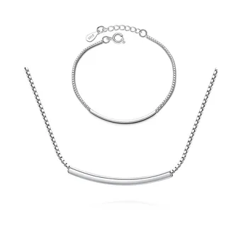 

ANENJERY Dainty S925 Stamp Silver Color Curved Tube Necklace+Bracelet Jewelry Sets For Women Sister Jewelry