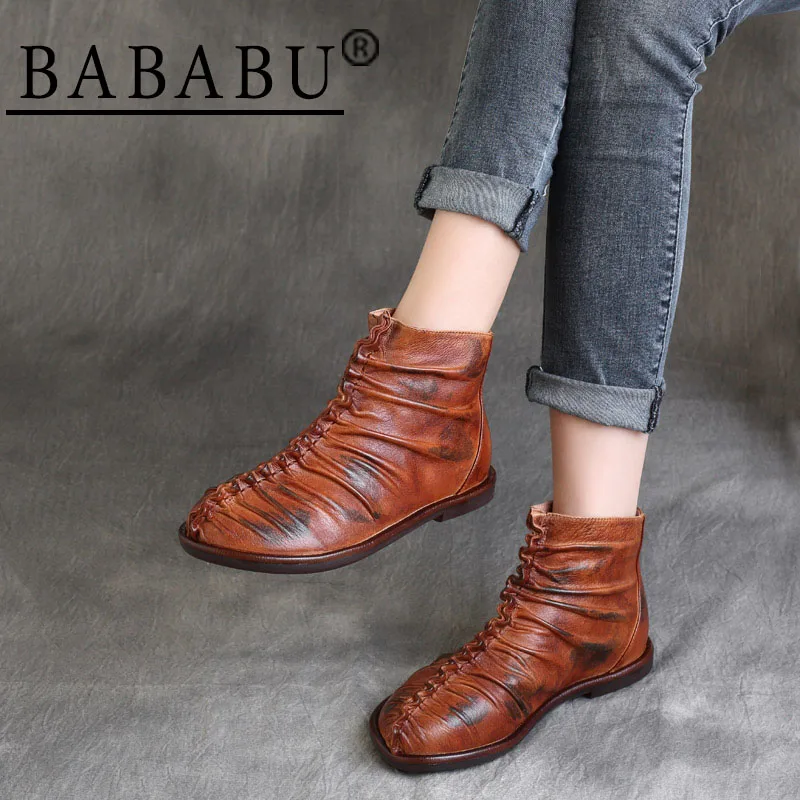 

2019 autumn and winter new national style retro leather back zipper flat shoes soft bottom boots ankle boots children