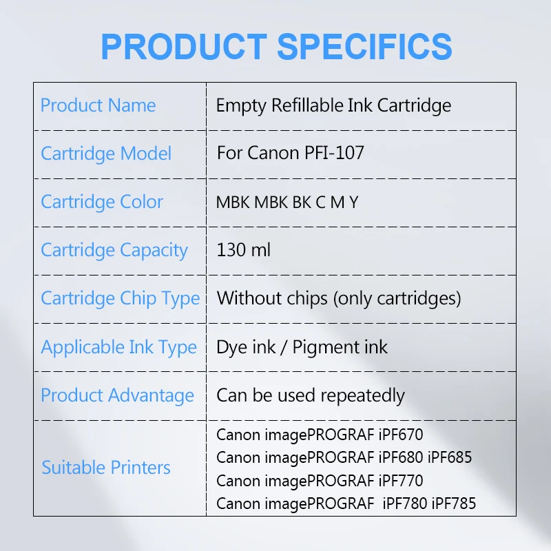Cartucho Recarregável para Impressora Canon sem Chip Cores 130ml Pfi 107 Ipf670 Ipf680 Ipf685 Ipf770 Ipf780 Ipf785 - Imagem 3