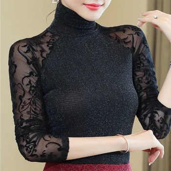 

Women's Lace Shirts Elegant Turtleneck Fashion Embroidery Sexy Blouses Slight Transparent Long Sleeve Casual Women's Tops DF3276