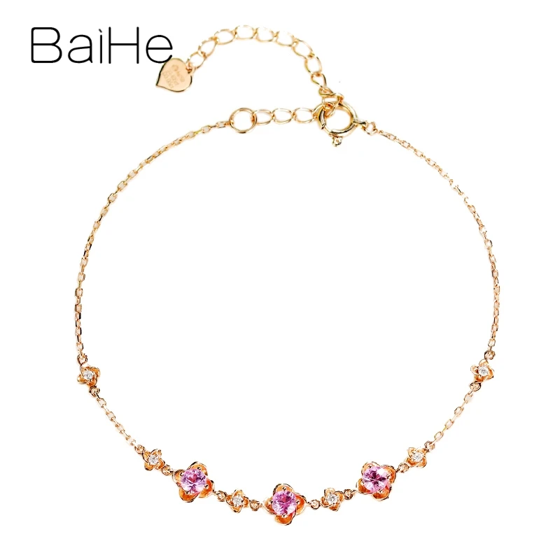 BAIHE Solid 18K розовое золото 0.40ct круглая огранка натуральный розовый сапфир 0.05ct бриллиант ювелирные украшения красивый цветок подарок браслет