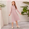 SHEIN/милое однотонное платье с воротником-стойкой и оборкой на пуговицах спереди для девочек г. Осенние детские платья средней длины в швейцарский горошек с длинными рукавами