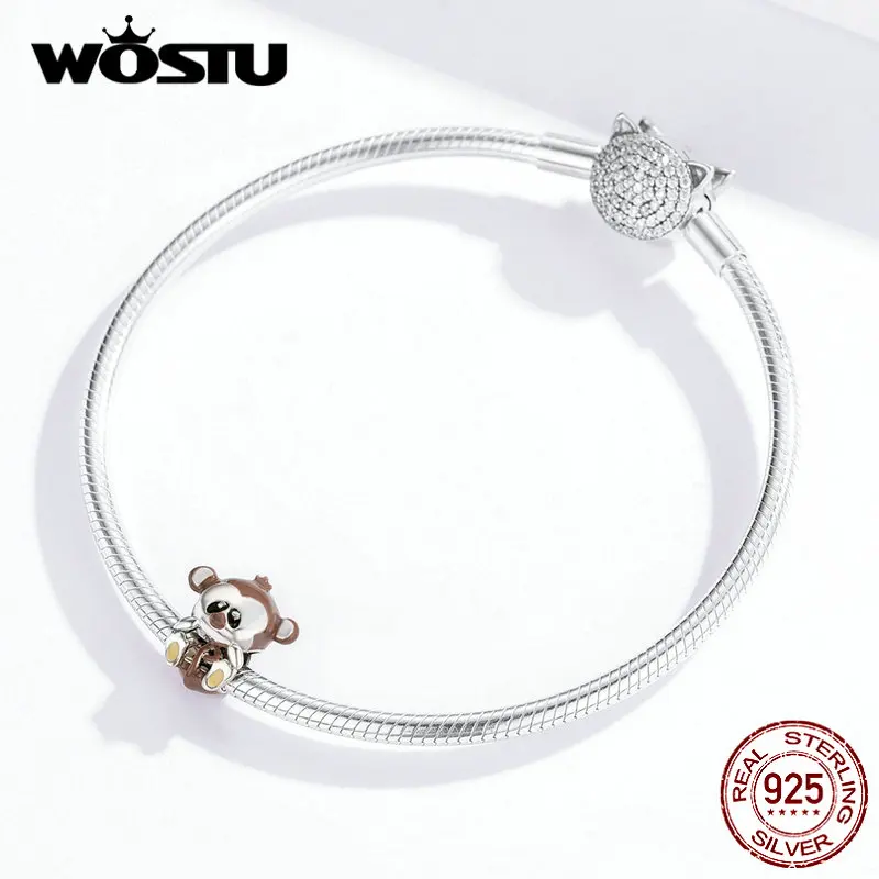WOSTU Настоящее 925 пробы серебро озорная Обезьяна Животное Бусины коричневый талисманы подходят браслет ожерелье для женщин ювелирные изделия BNC125