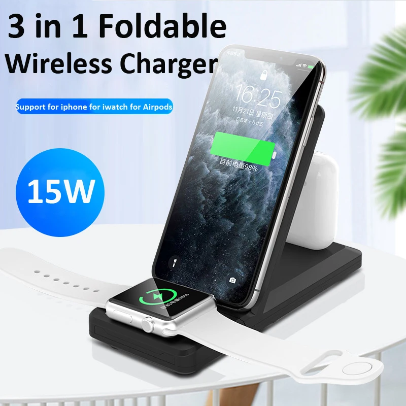 

Folding 3 in 1 Wireless Charger 15W Fast Charge For iPhone 11 Pro Samsung Charger Dock for Apple Watch 5 4 3 for Airpods Pro 2 1