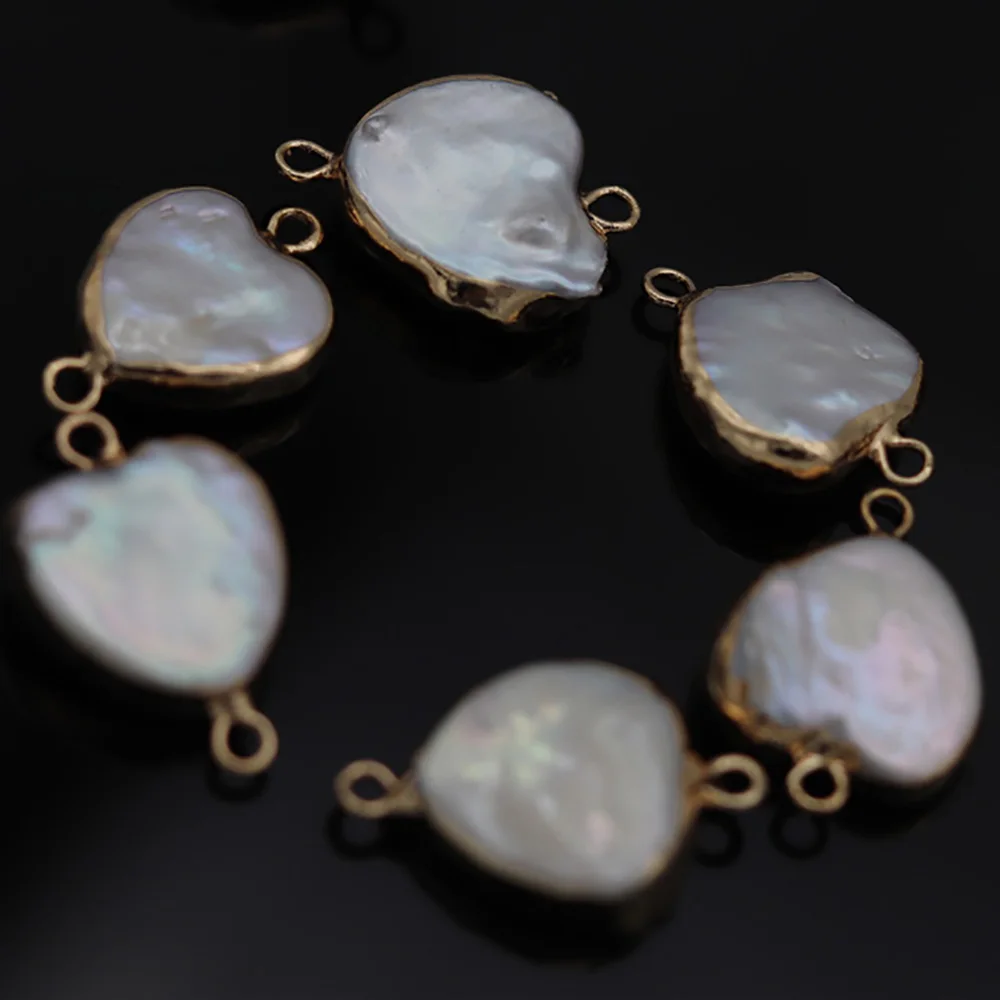 5pcs Natural Freshwater Pearl Heart Shape Connector Pendants Double Hole White for Necklace Bracelet Jewelry Making DIY 15x15mm
