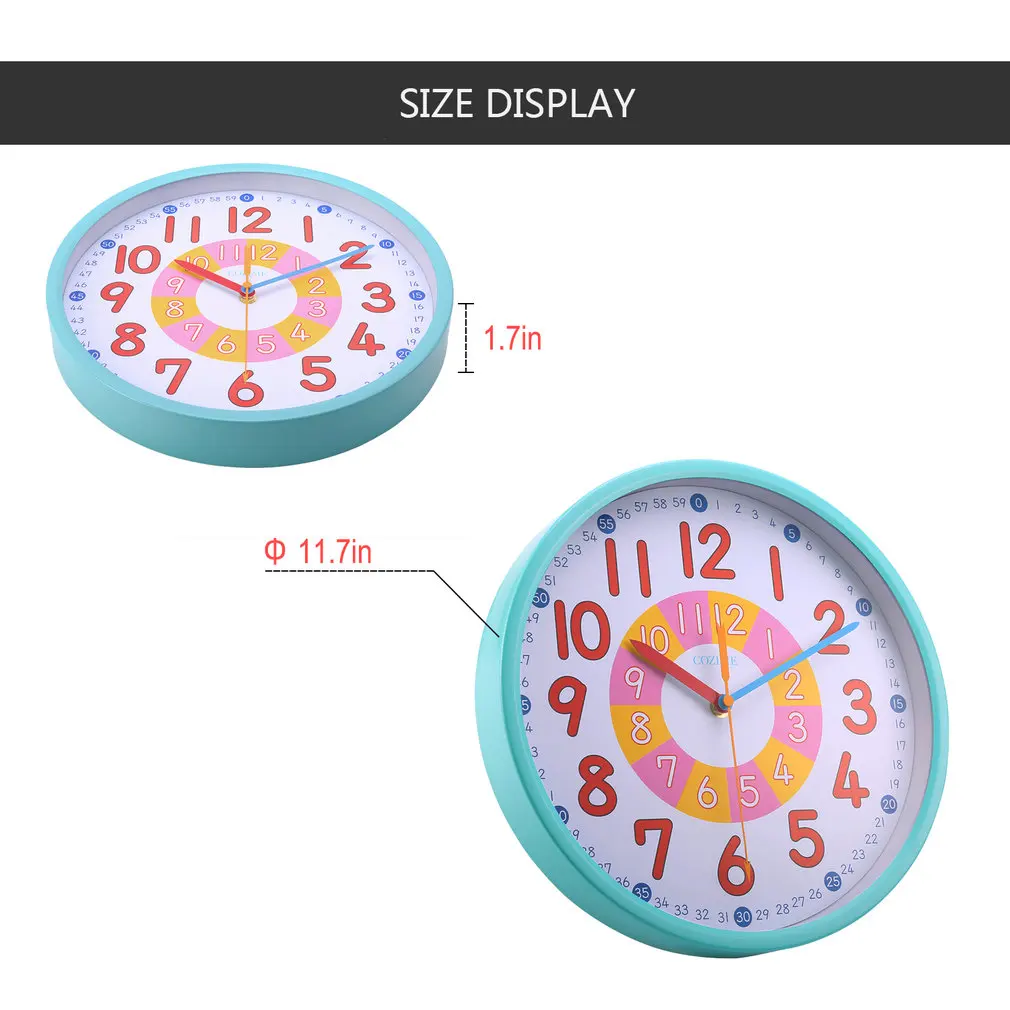 12 Inch Blue Metal Frame Decorative Round Colorful Lovely Wall Clock Silent Movement for Children to Learn for Teaching