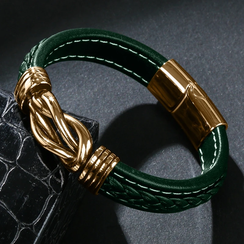 MOZO FASHION New Classic Men Bracelet Leather Stainless Steel Charm Bracelet Women Cross Punk Jewelry Bracelet Gifts Green
