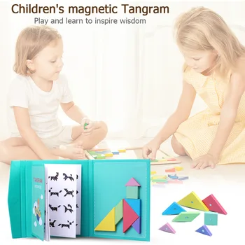 

Magnetic Wooden Tangram Jigsaw Game Colorful Seven-piece Puzzle Board Kids Brain Tease Developing Educational Toy