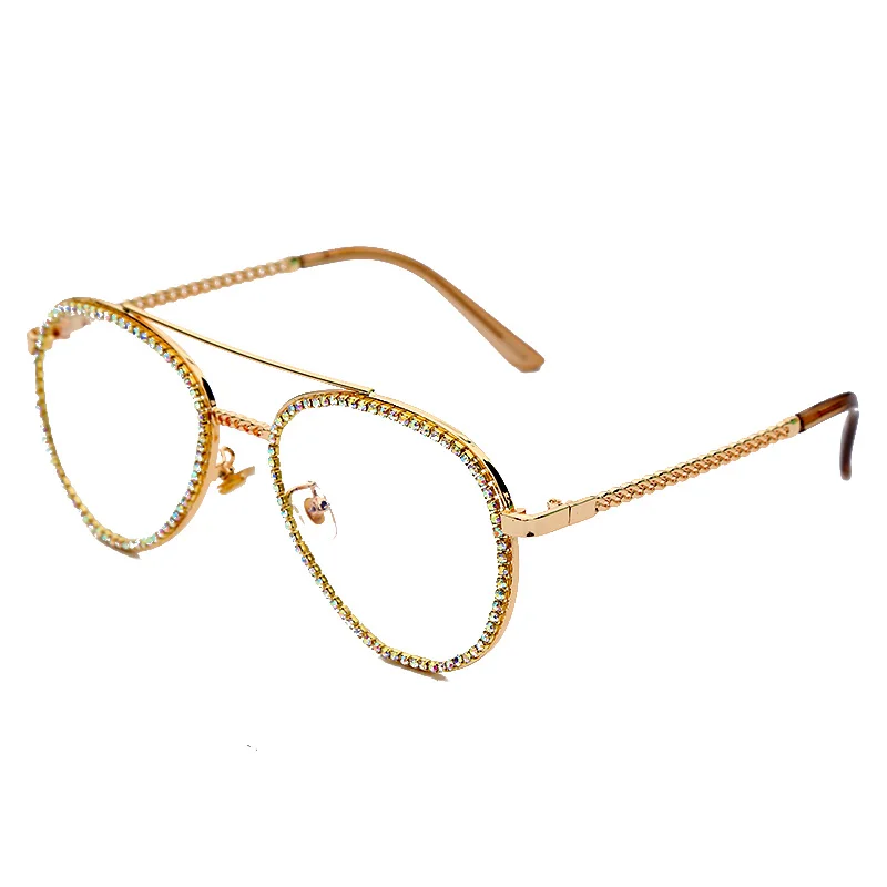 Солнцезащитные очки для женщин, фирменный дизайн, большие размеры, пилот, солнцезащитные очки для мужчин, роскошные солнцезащитные очки с бриллиантами, прозрачные линзы, Oculos Feminino, очки - Цвет линз: 1 gold clear