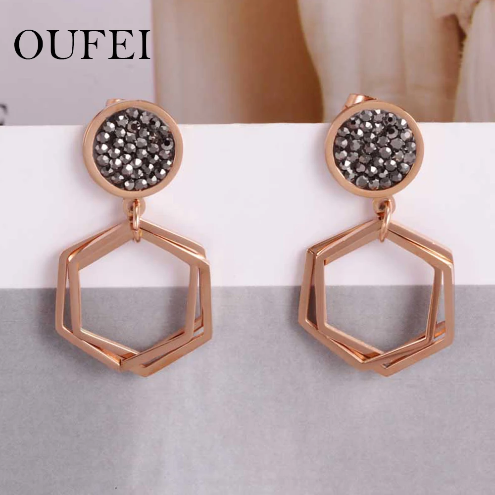 

OUFEI stainless steel earring crystal Rose gold plated silver Simple atmosférica brinco feminina Geométrica brincos wholesale