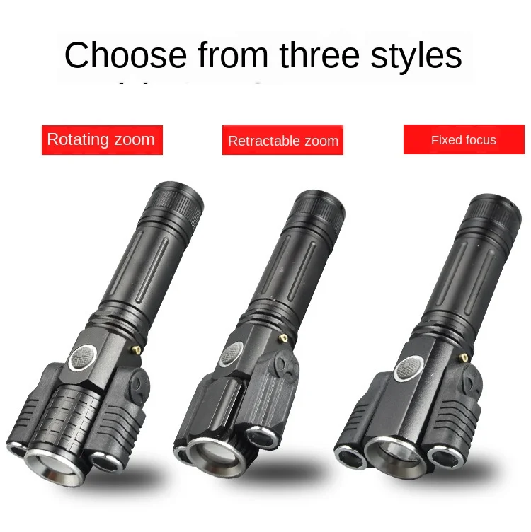 

Led Strong Light Three-Head Rotating T6 + XPe Long-Range Flashlight Aluminum Alloy Zoom Fixed Focus Aircraft Head Flashlight