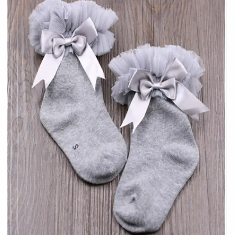 Обувь для девочек; кружевные носочки весенний и осенний период детская одежда из хлопка детские носки до колена, "носки ""для принцесс""" кружевной бант коттоновые носки до колена - Цвет: Gray big lace