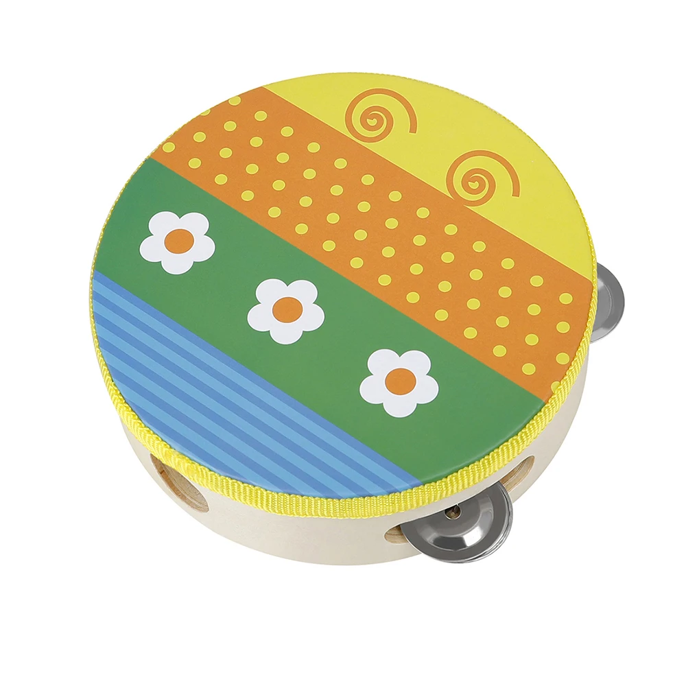6 Inch Hand Held Tambourine Drum Bell Wooden Handheld Tambourine Percussion Drum Musical Instrument for KTV Party Kids Game Toys