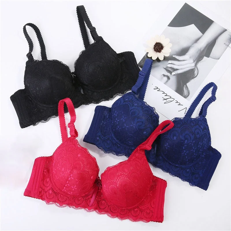 Arrived Women Sexy Padded Up Bra Lace Embroidered Bow Bra Push Up 3/4