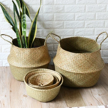 Mir de rangement tissé en jonc de mer WUNICEF, pot de fleurs de plantation pliable, panier à linge de jardin domestique, ventre mimbre 1