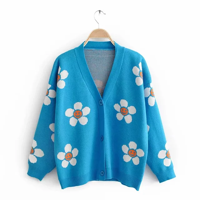 blue cardigan with flowers